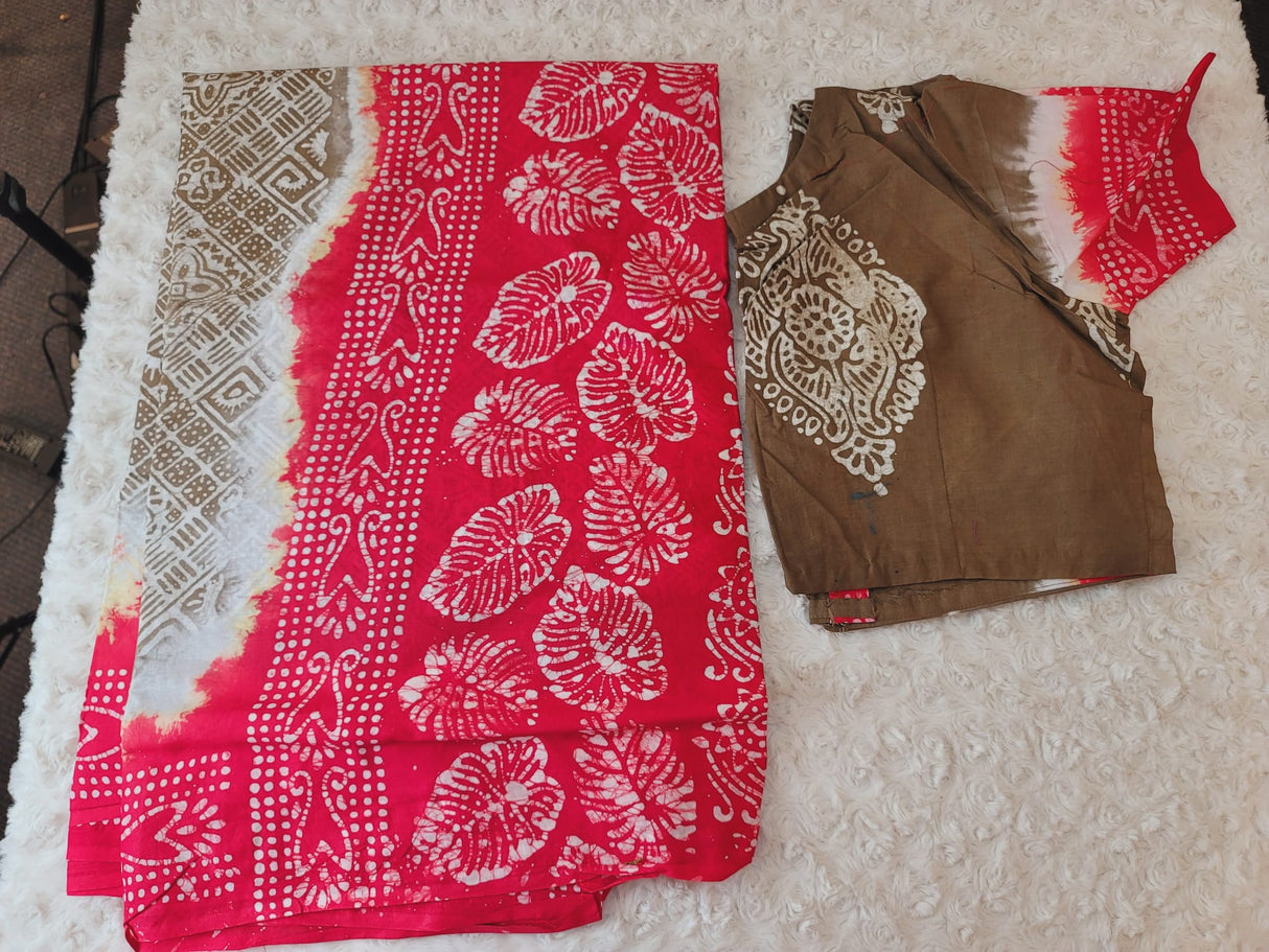 Cotton batik saree with stiched blouse