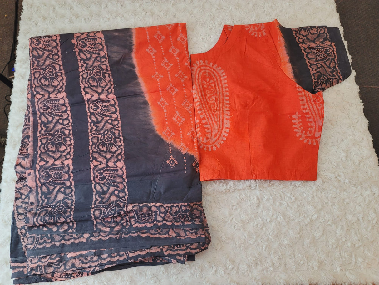 Cotton batik saree with stiched blouse