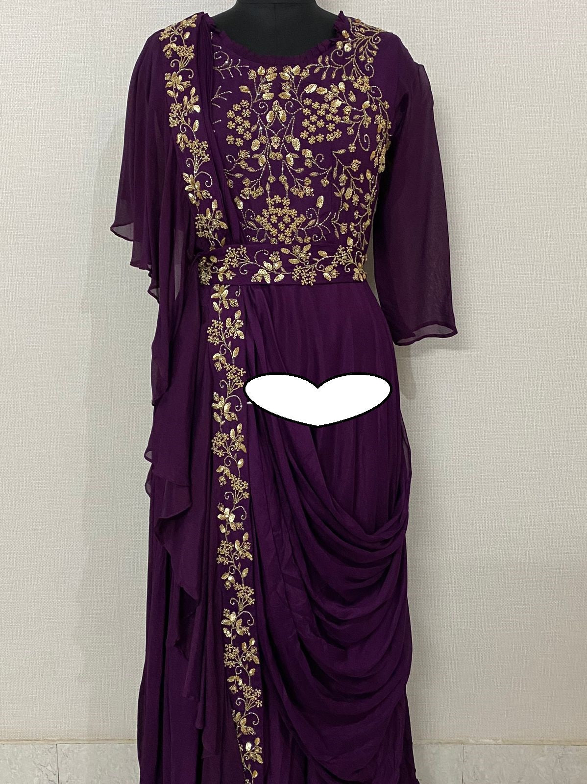 Pure Imported Crepe Ready To Wear Attached Draping Saree Style Gown With Lining Attached And Beautiful Beads Cutdana Pearl Sequence And Dabka Zari Hand Work Detailing