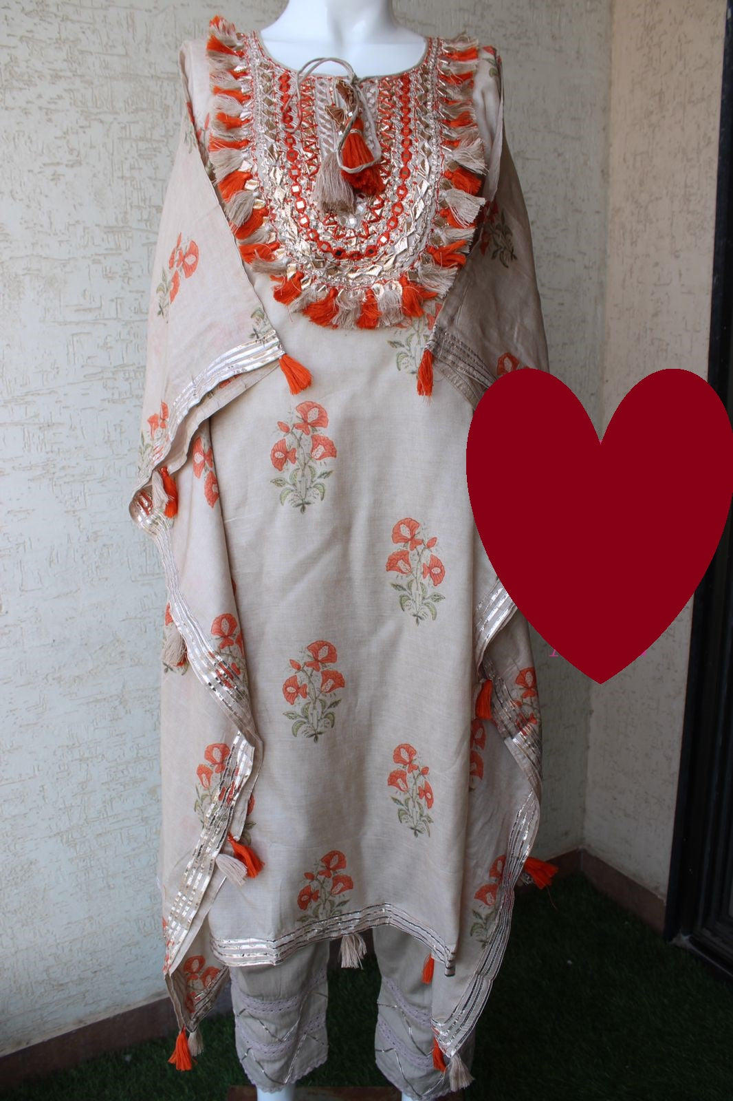 Designer Kaftan, Pure Muslin Ready To Wear Printed Kaftan Dress With Beautiful Thread Gotta Mirror Foil Work On Neckline With Added Tassels, Ready To Wear Pure Khadi Cotton Pants