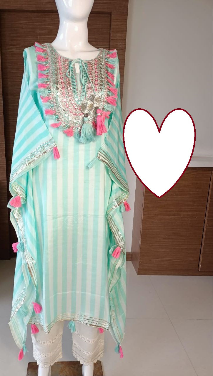 Designer Kaftan, Pure Muslin Ready To Wear Printed Kaftan Dress With Beautiful Thread Gotta Mirror Foil Work On Neckline With Added Tassels, Ready To Wear Pure Khadi Cotton Pants