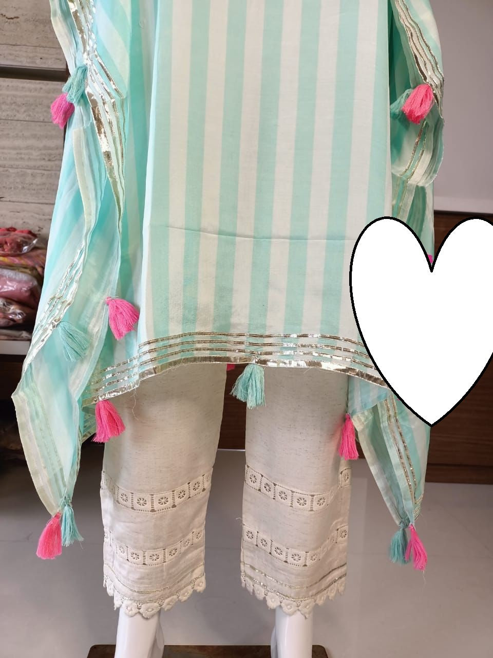 Designer Kaftan, Pure Muslin Ready To Wear Printed Kaftan Dress With Beautiful Thread Gotta Mirror Foil Work On Neckline With Added Tassels, Ready To Wear Pure Khadi Cotton Pants