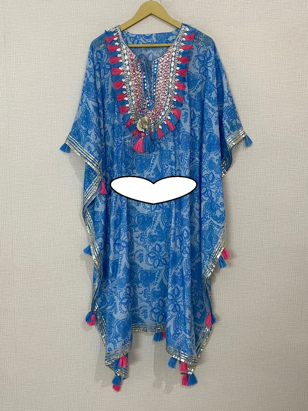 Designer Kaftan, Pure Muslin Ready To Wear Printed Kaftan Dress With Beautiful Thread Gotta Mirror Foil Work On Neckline With Added Tassels, Ready To Wear Pure Khadi Cotton Pants