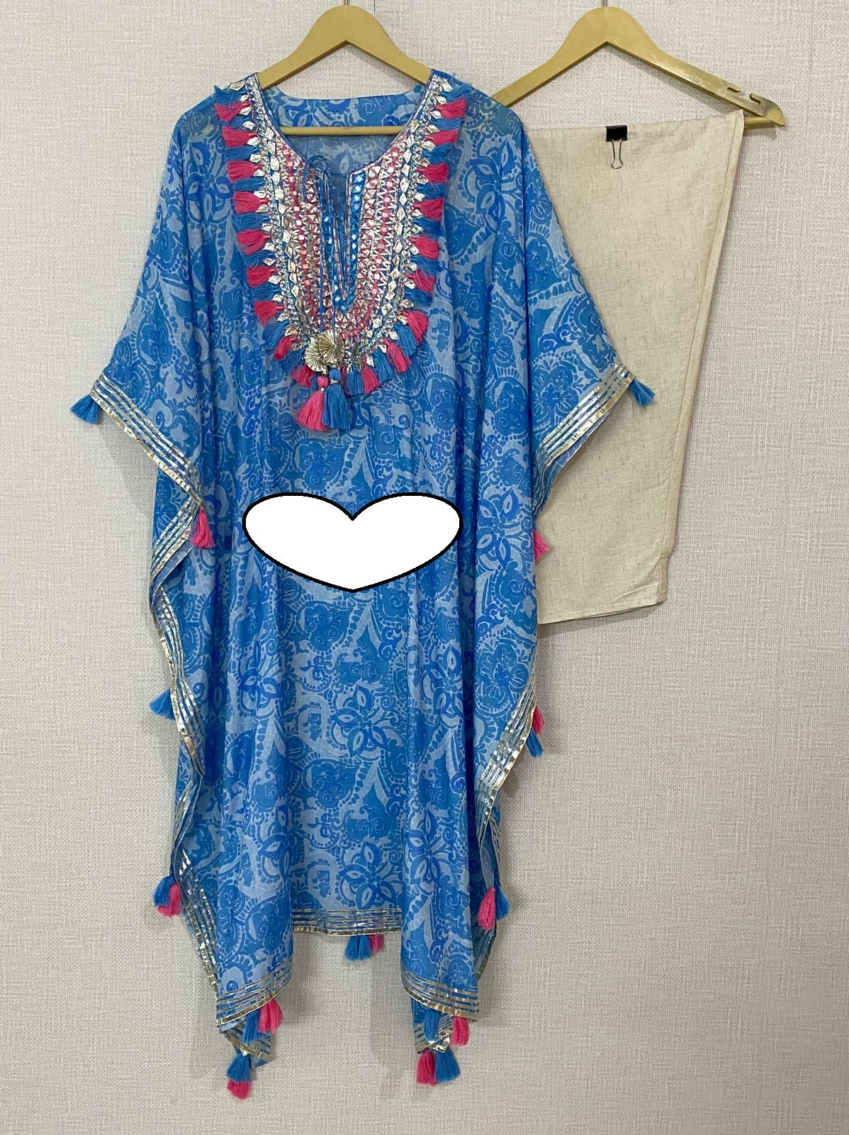 Designer Kaftan, Pure Muslin Ready To Wear Printed Kaftan Dress With Beautiful Thread Gotta Mirror Foil Work On Neckline With Added Tassels, Ready To Wear Pure Khadi Cotton Pants