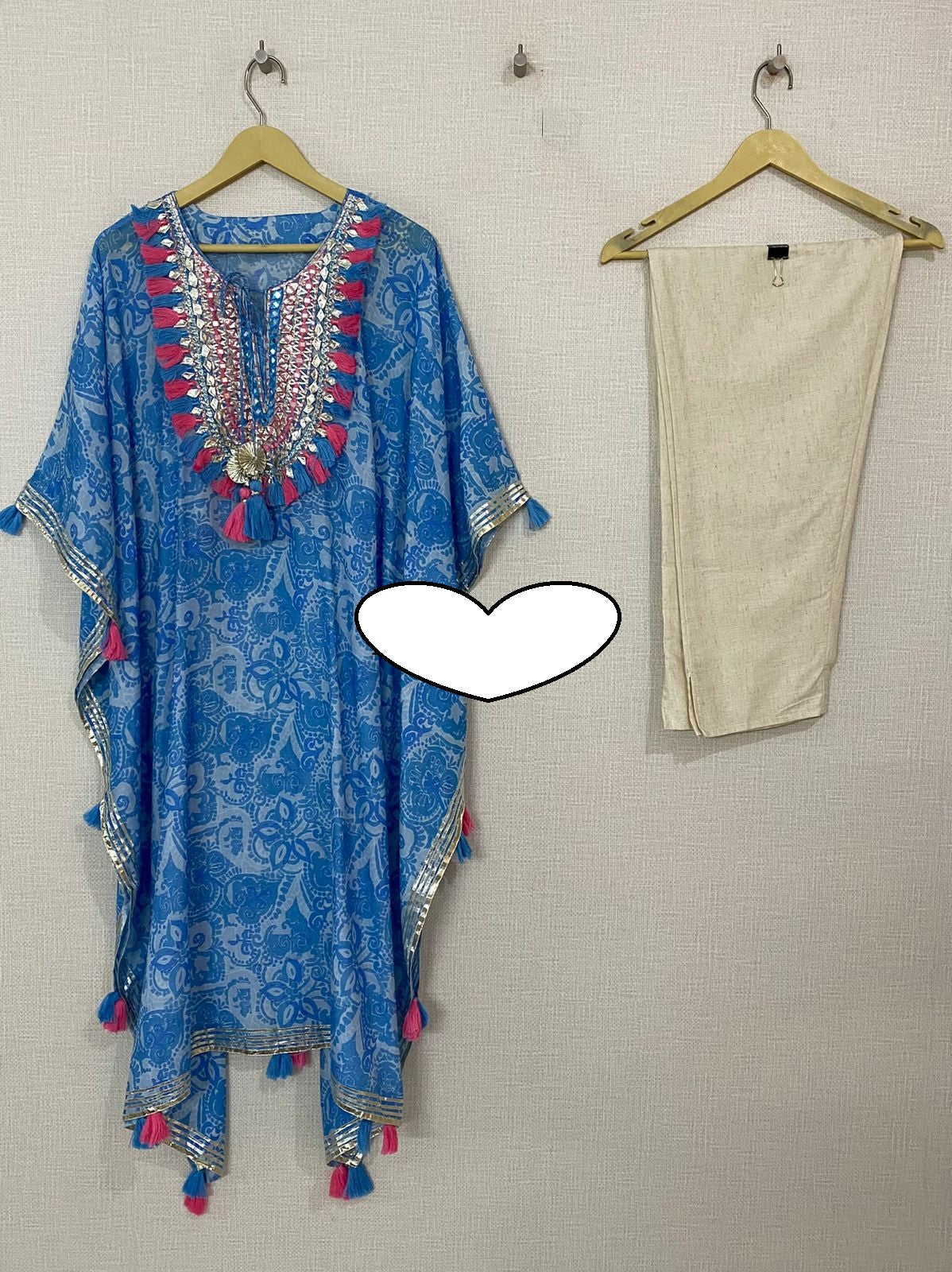 Designer Kaftan, Pure Muslin Ready To Wear Printed Kaftan Dress With Beautiful Thread Gotta Mirror Foil Work On Neckline With Added Tassels, Ready To Wear Pure Khadi Cotton Pants