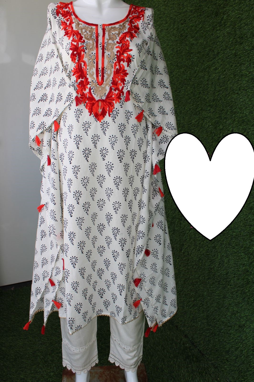 Beautiful cotton printed stitched kaftan with thread embroidery on front n back Paired with cotton stitched pant with crochet lace