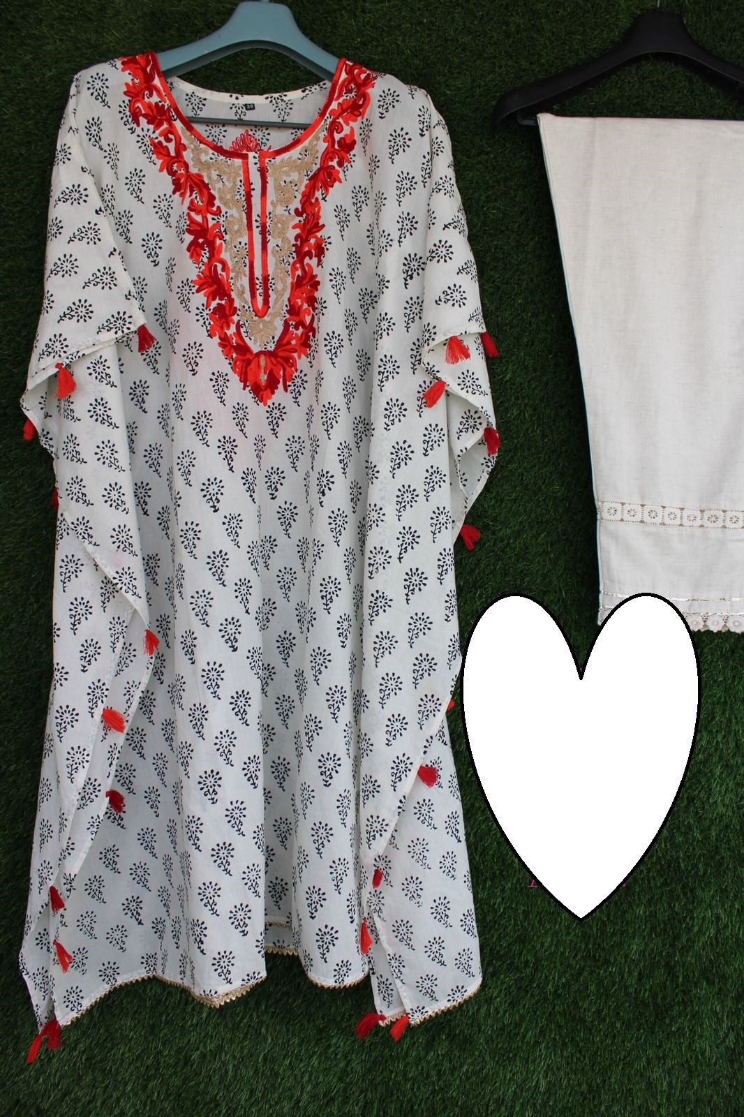 Beautiful cotton printed stitched kaftan with thread embroidery on front n back Paired with cotton stitched pant with crochet lace