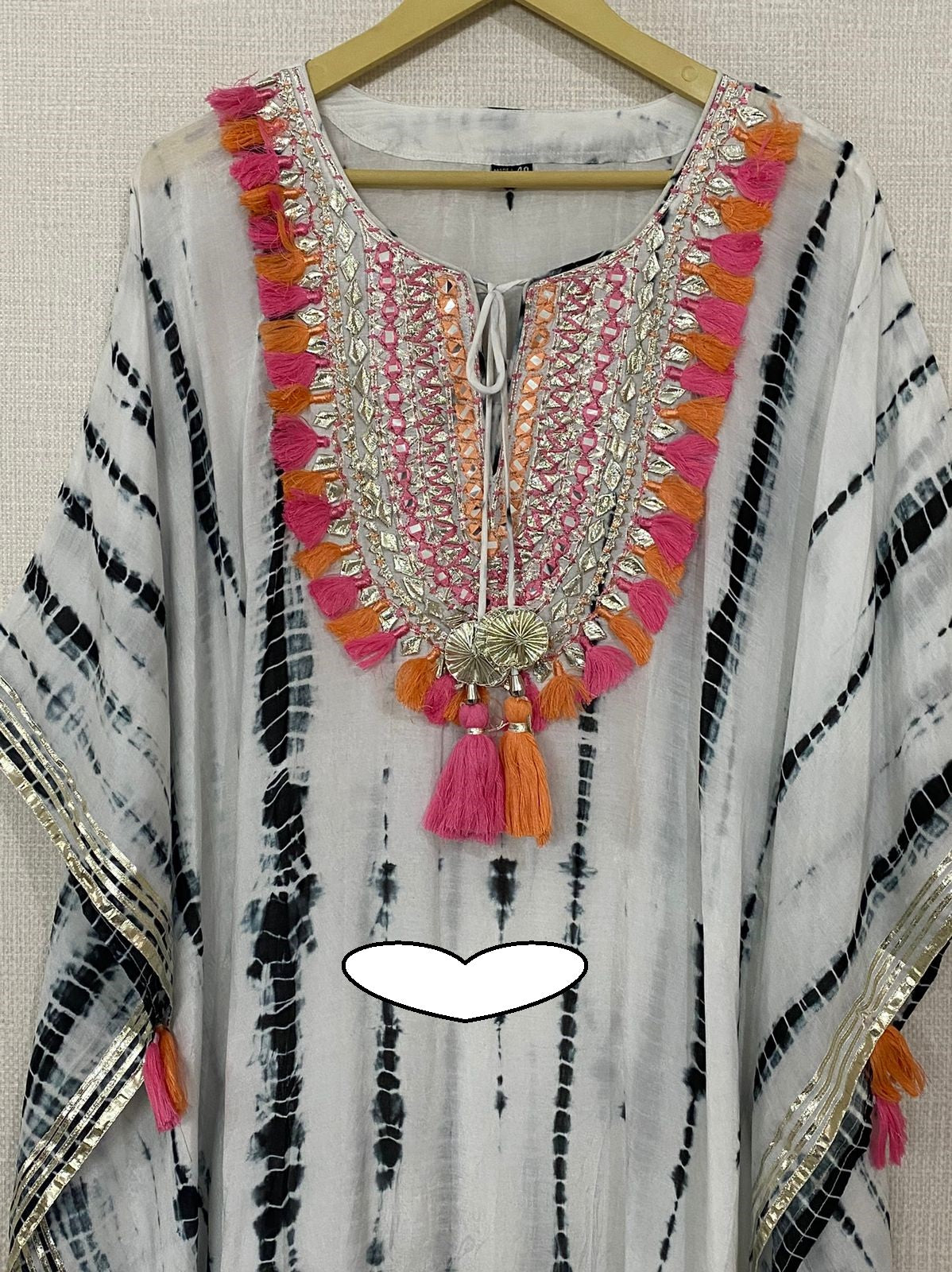 Designer Kaftan, Pure Muslin Ready To Wear Printed Kaftan Dress With Beautiful Thread Gotta Mirror Foil Work On Neckline With Added Tassels (Without Pants)