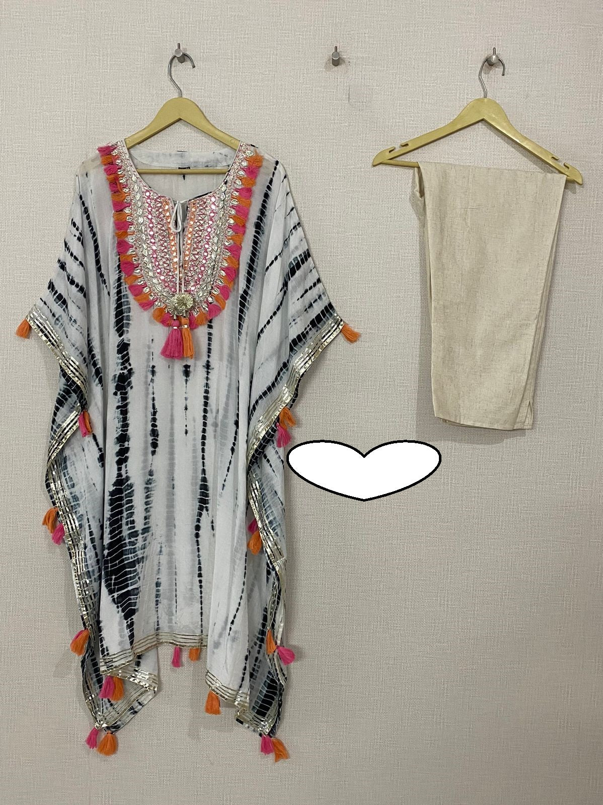 Designer Kaftan, Pure Muslin Ready To Wear Printed Kaftan Dress With Beautiful Thread Gotta Mirror Foil Work On Neckline With Added Tassels (Without Pants)