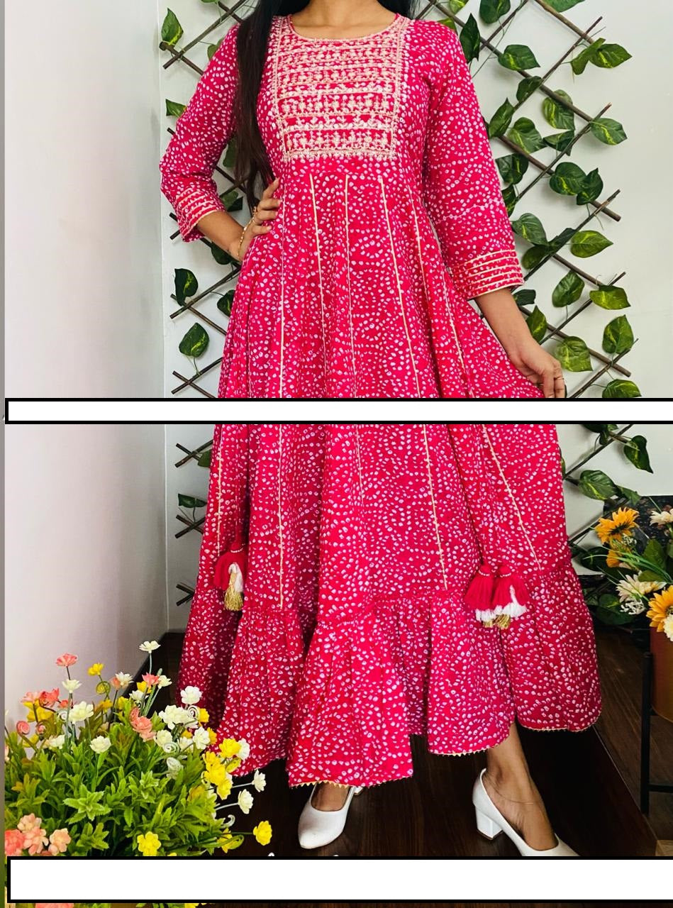 Premium Cotton Bandej Gown With Beautiful Embroidery On Yoke and Gota Detailing