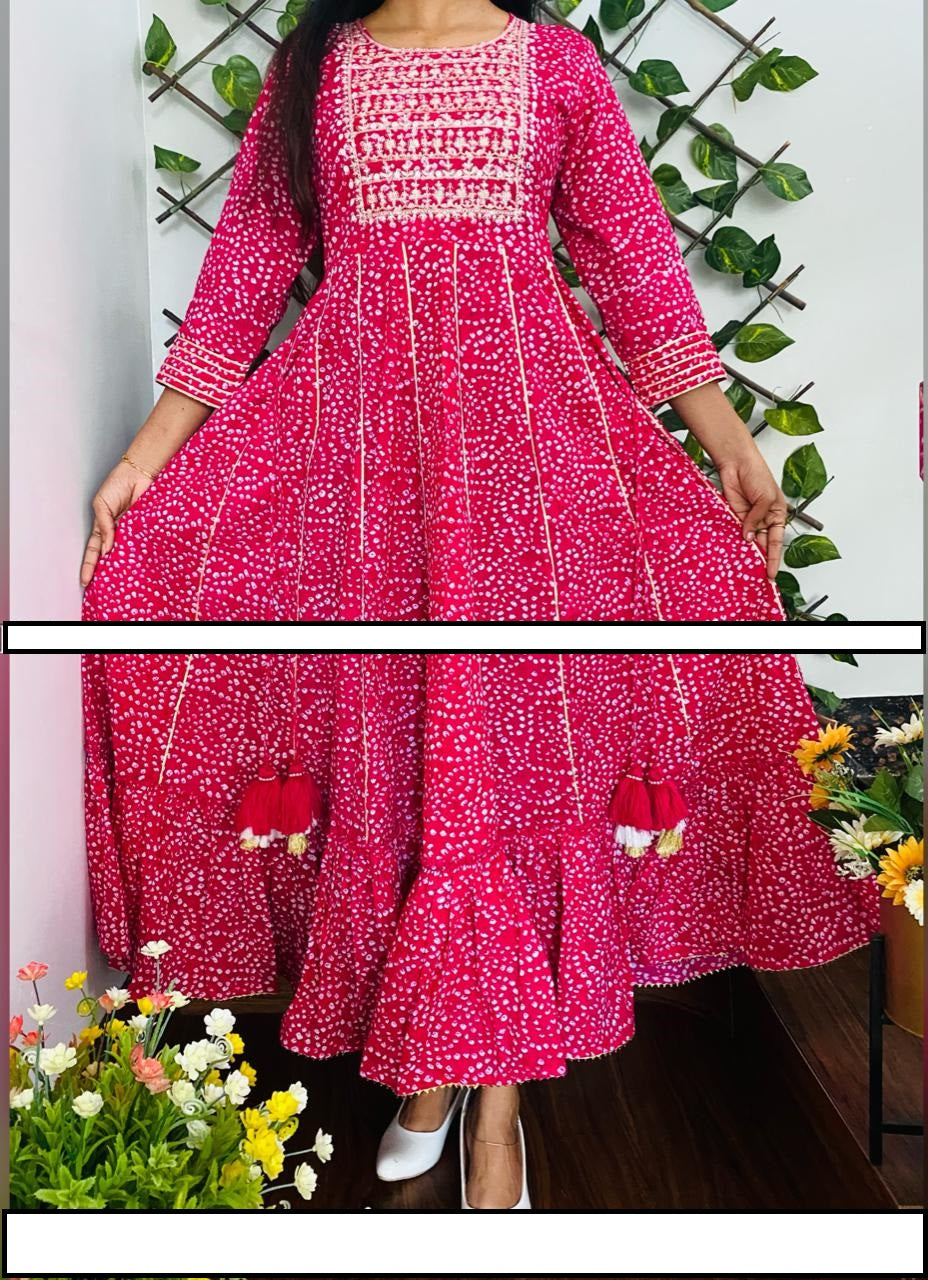 Premium Cotton Bandej Gown With Beautiful Embroidery On Yoke and Gota Detailing