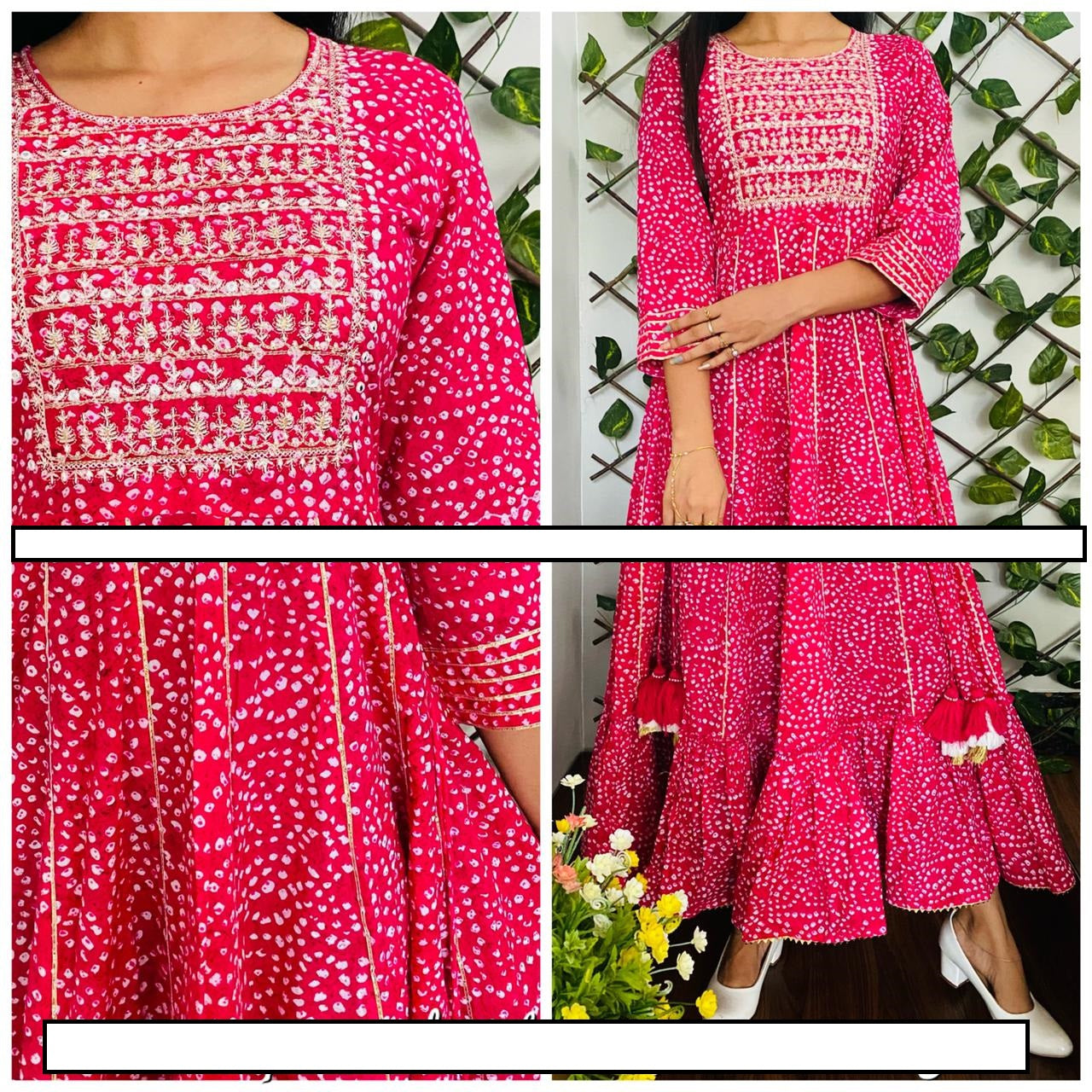 Premium Cotton Bandej Gown With Beautiful Embroidery On Yoke and Gota Detailing