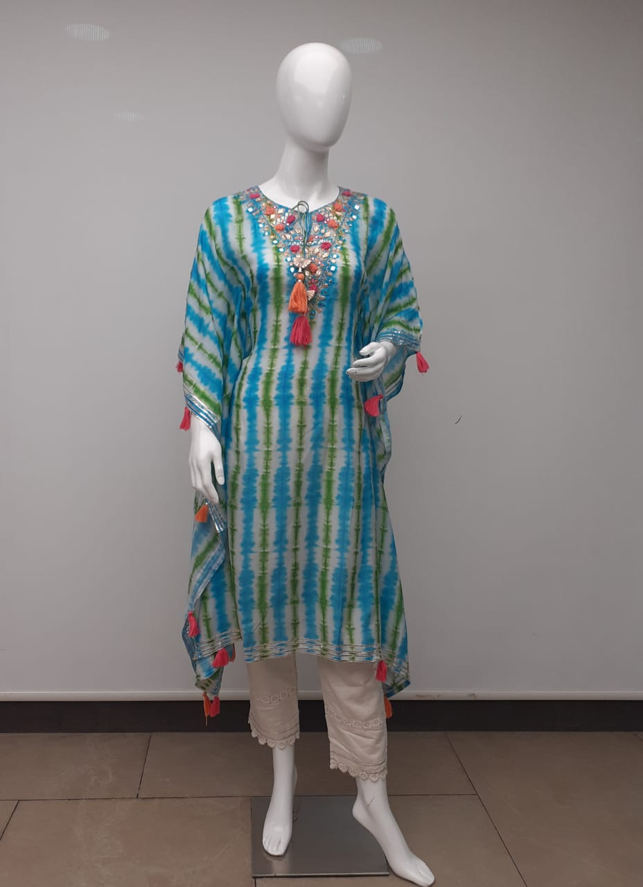 Designer Kaftan, Pure Muslin Ready To Wear Printed Kaftan Dress With Beautiful Thread Gotta Mirror Foil Work On Neckline With Added Tassels, Ready To Wear Pure Khadi Cotton Pants