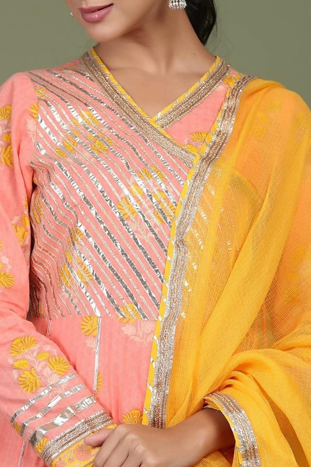 Premium heavy cotton designer anarkali kurti with side tslit detailed with heavy gota work all over. Premium cotton sharara with heavy gota work Premium organza duppata t with heavy gota flower & lace