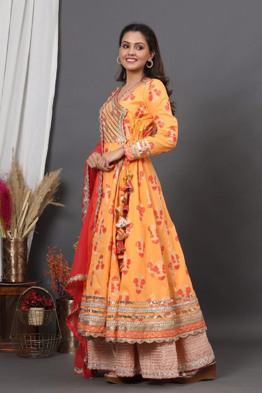 Premium heavy cotton designer anarkali kurti with side tslit detailed with heavy gota work all over. Premium cotton sharara with heavy gota work Premium organza duppata t with heavy gota flower & lace