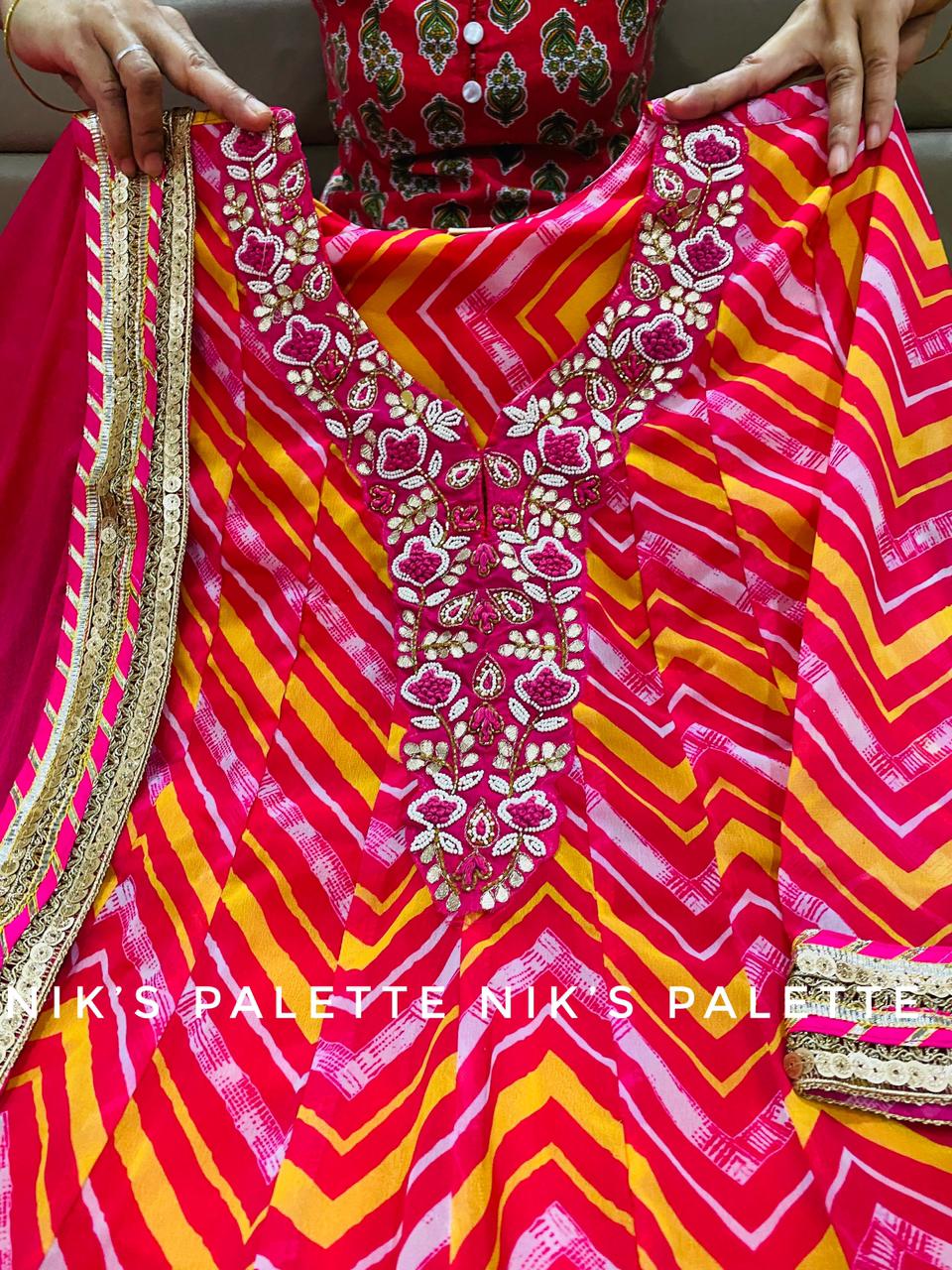 Premium Georgette pahariya print gown with lace paired with Shiffon dupatta Heavy work on yoke
