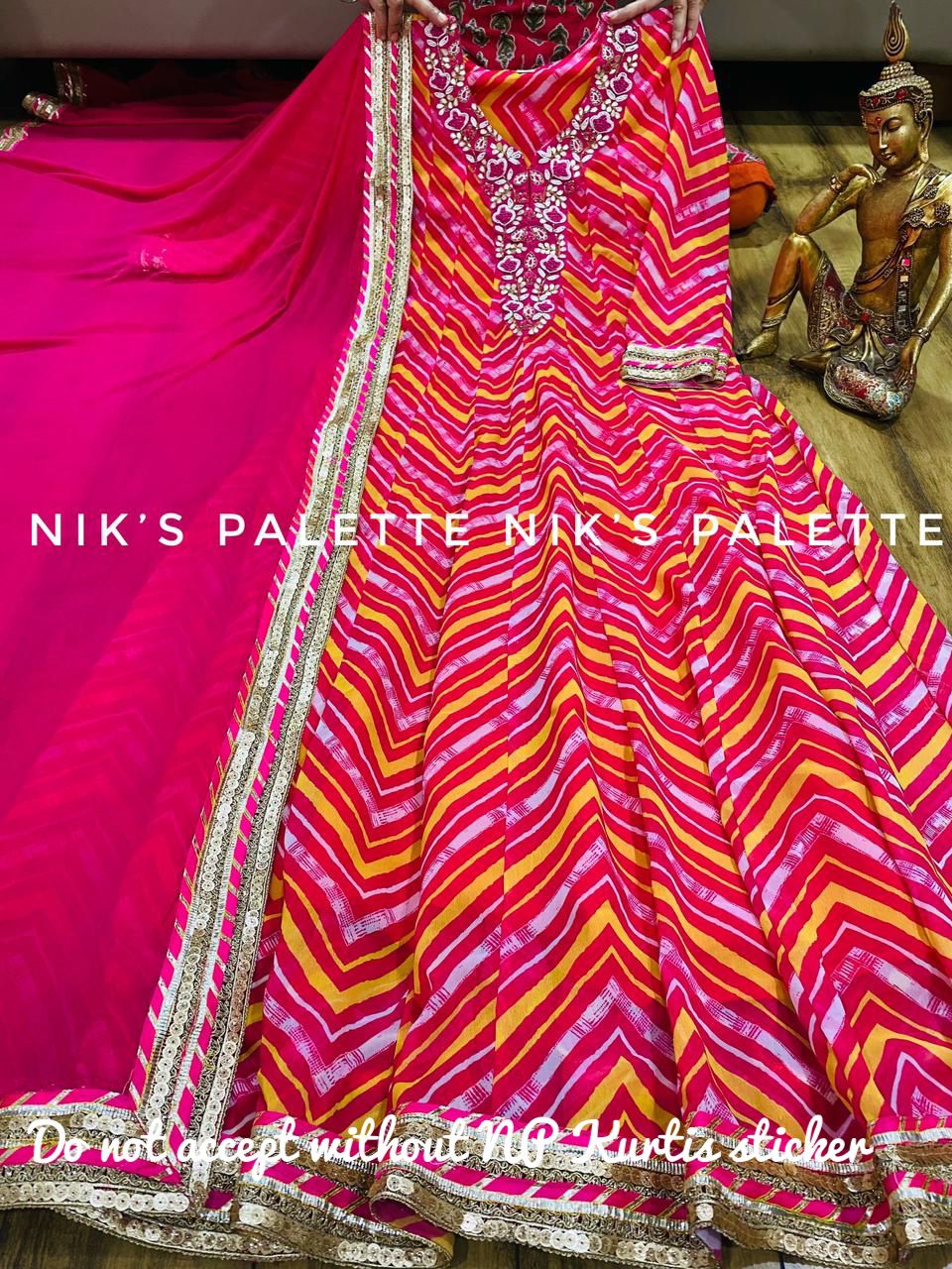 Premium Georgette pahariya print gown with lace paired with Shiffon dupatta Heavy work on yoke