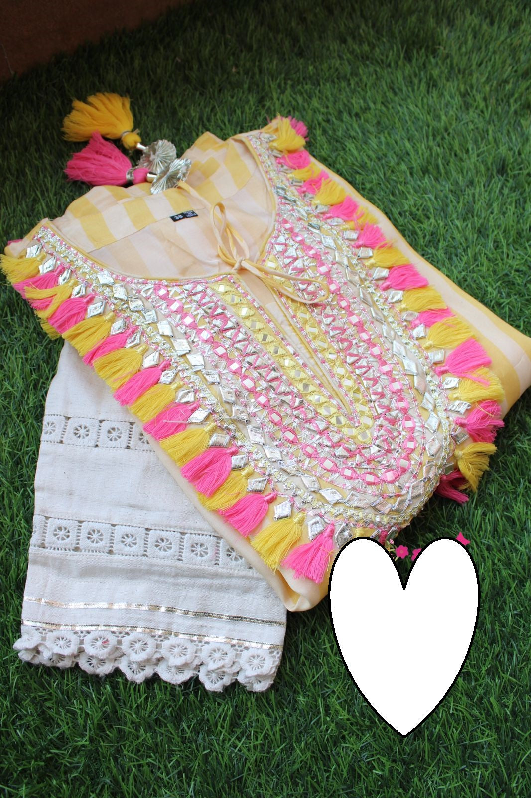 Designer Kaftan, Pure Muslin Ready To Wear Printed Kaftan Dress With Beautiful Thread Gotta Mirror Foil Work On Neckline With Added Tassels, Ready To Wear Pure Khadi Cotton Pants