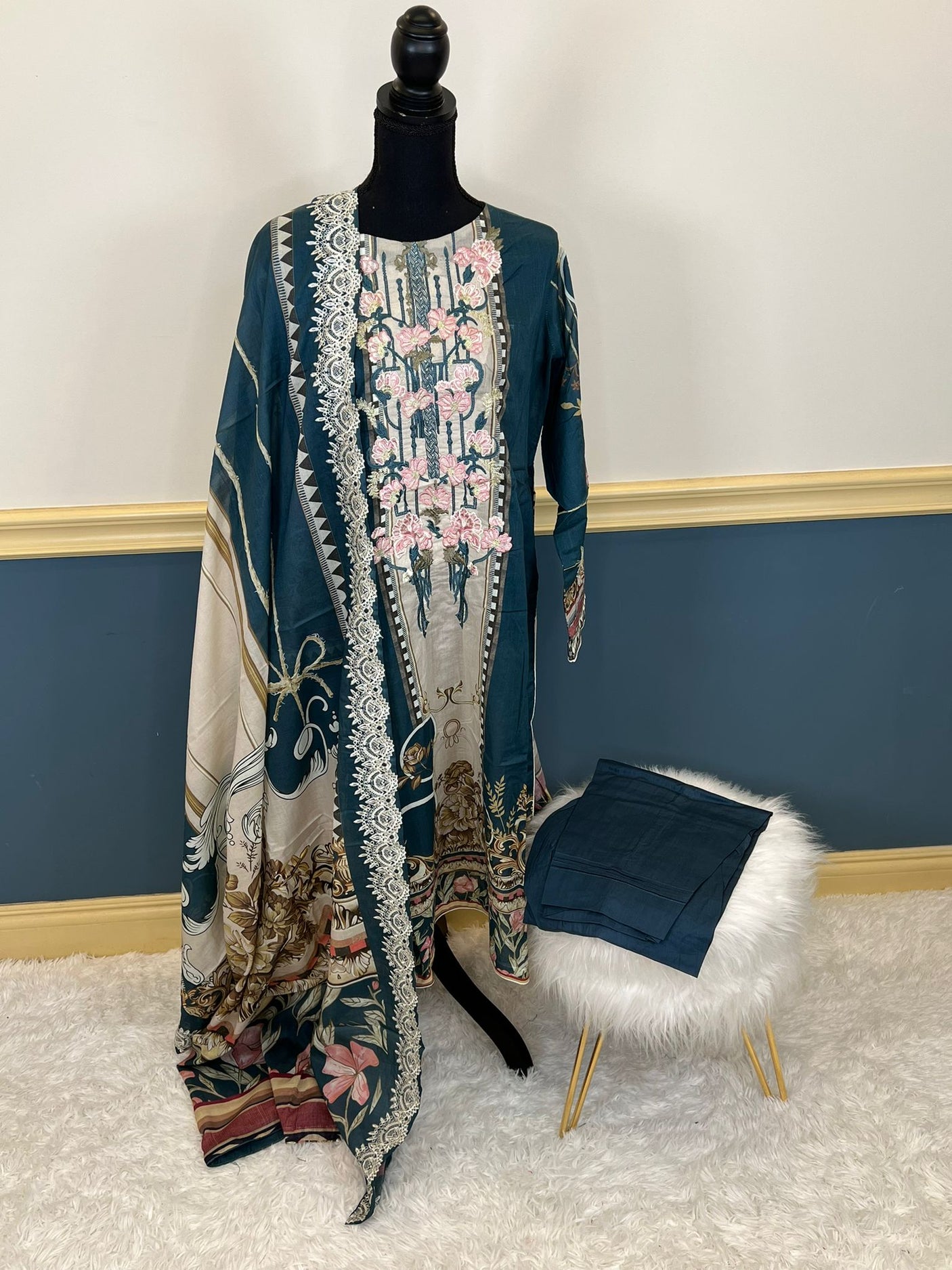 Pakistani lawn stitched Embroidered Suit Ready To Ship