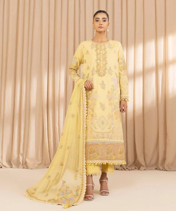 Sapphire Yellow Embroidered Textured Lawn Suit - Front