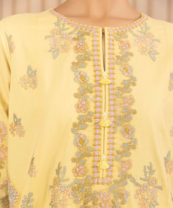 Sapphire Yellow Embroidered Textured Lawn Suit - Close Up