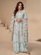 Sky Grey Embroidered Chinnon Palazzo Kameez