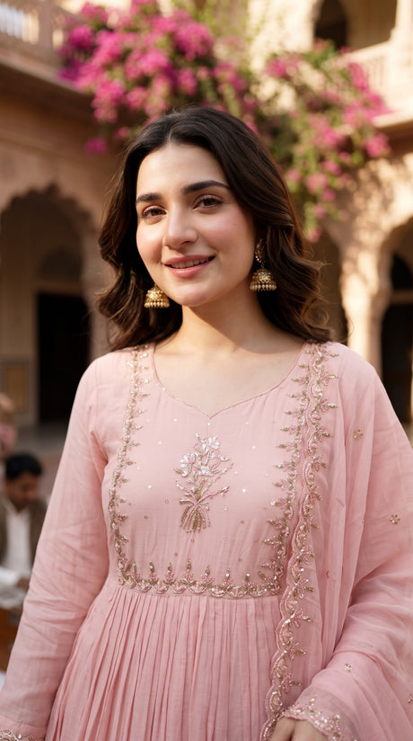 Embroidered Pleated Anarkali Suit - Blush Pink | Delhi Boutique