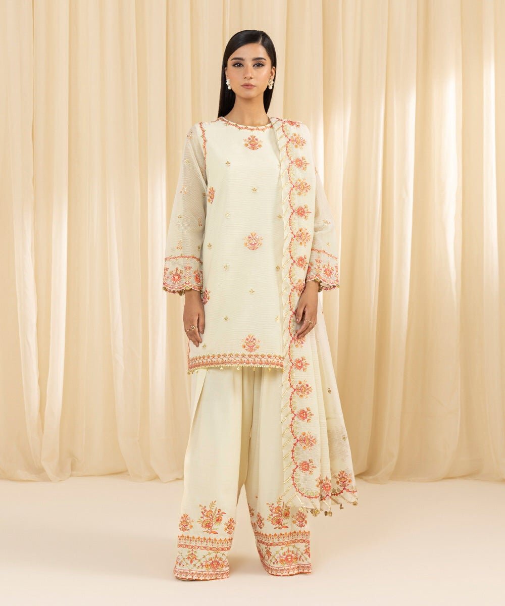 Sapphire Luxe Off White Embroidered Karandi Suit - Front