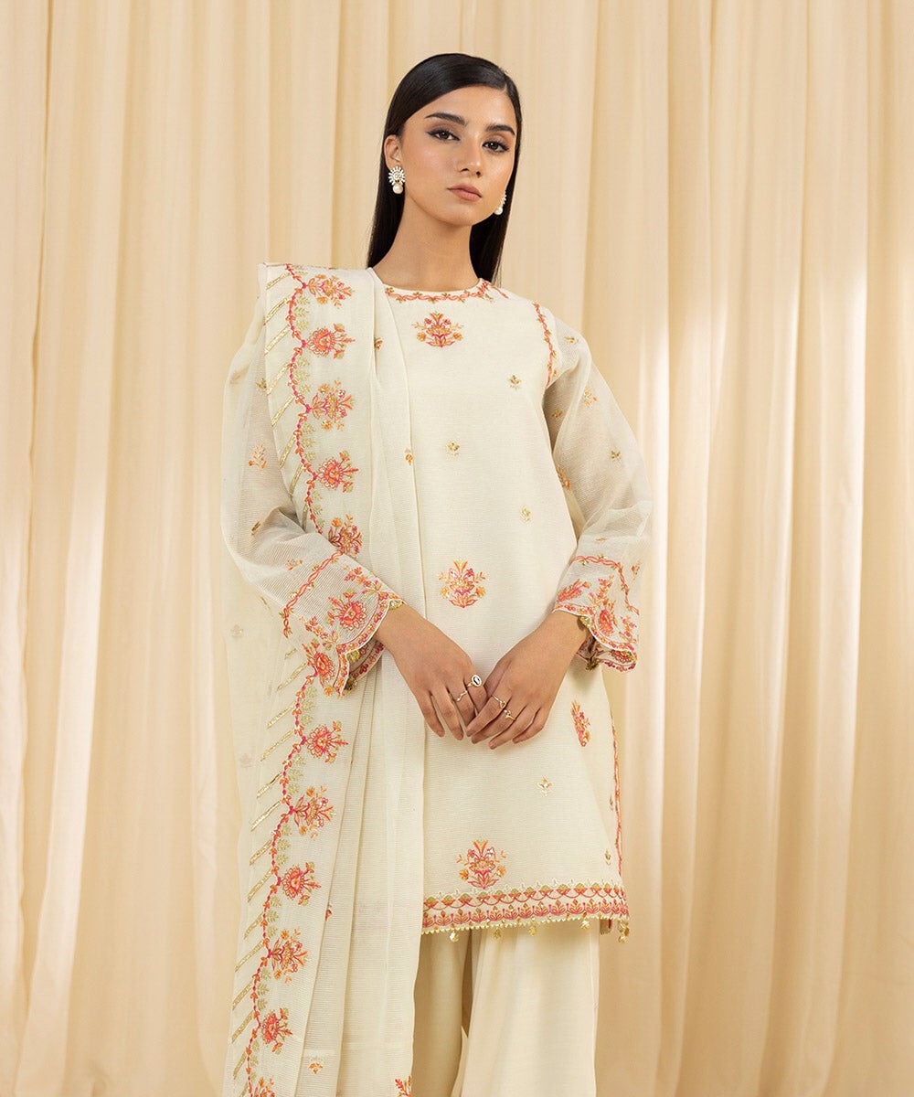 Sapphire Luxe Off White Embroidered Karandi Suit - Details