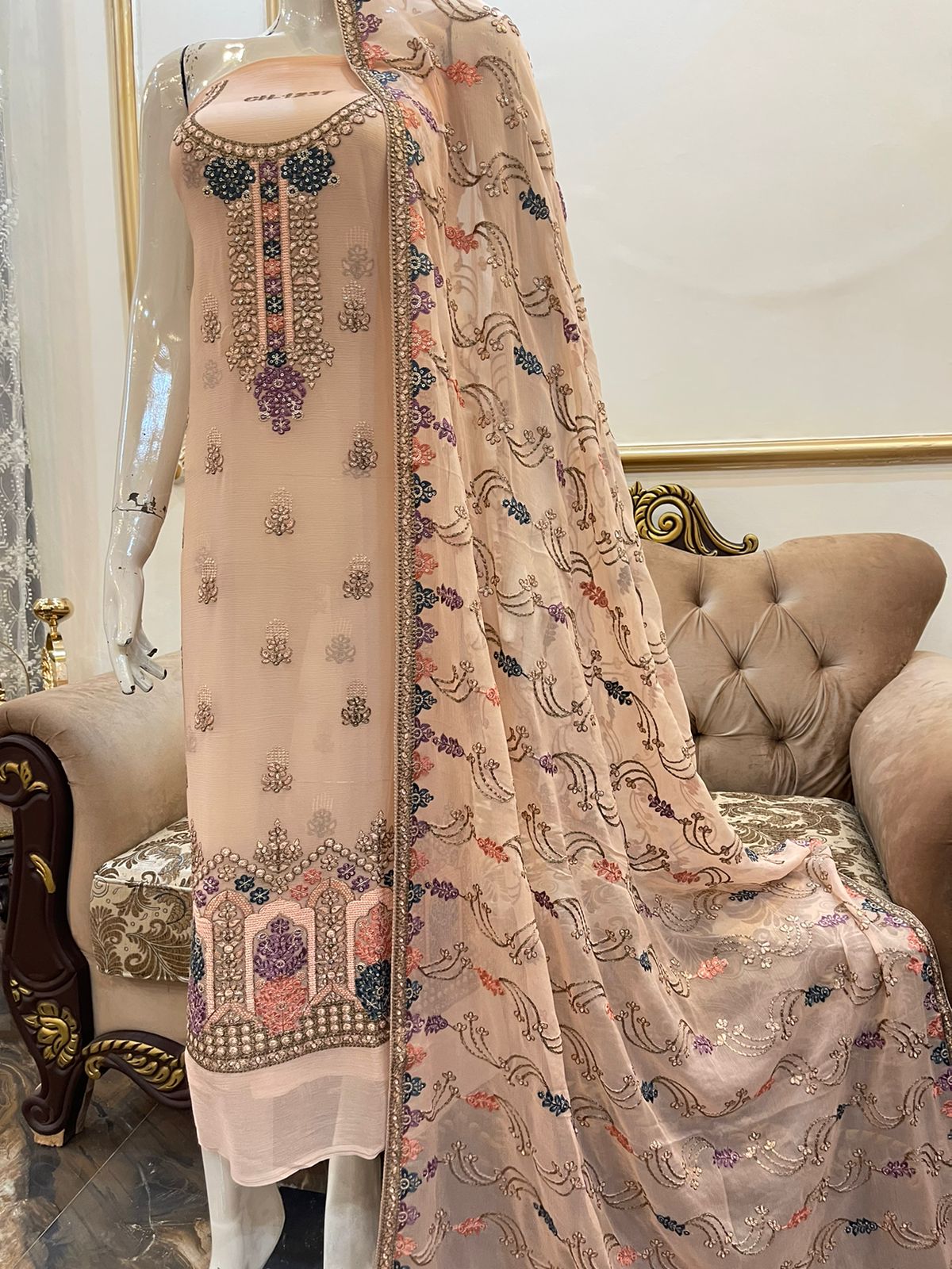 New Pure Chiffon Resham Thread Embroidered With Stitched Maate Sequins