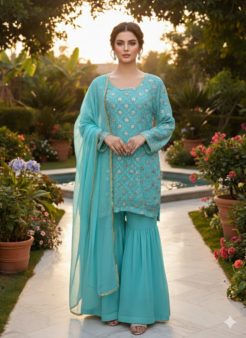 Pakistani Pure Chiffon Boutique Collection with churidaar sleeves