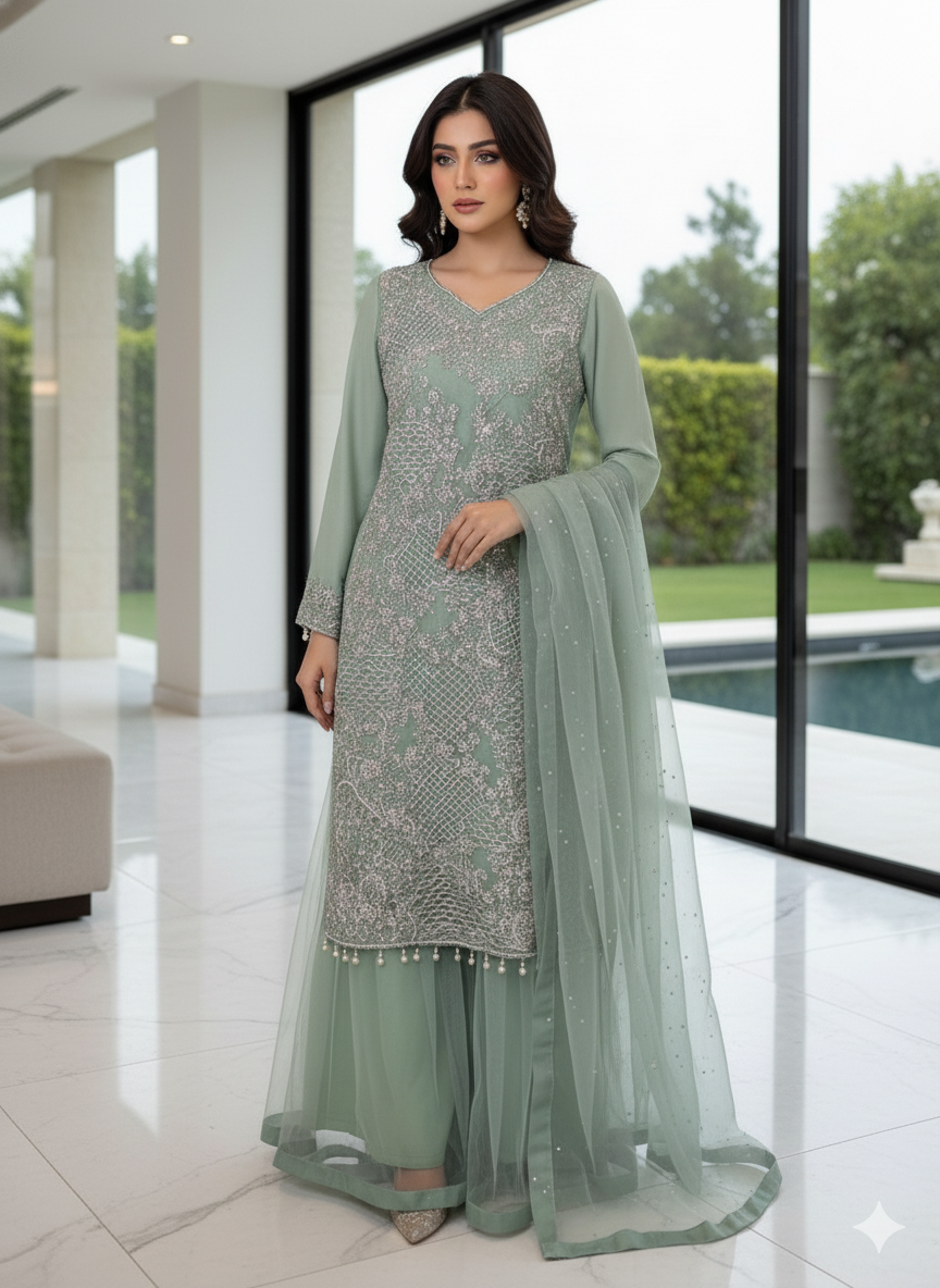 Pakistani orginal full  zardosi work boutique dress with gharara pant-100% original guaranteed