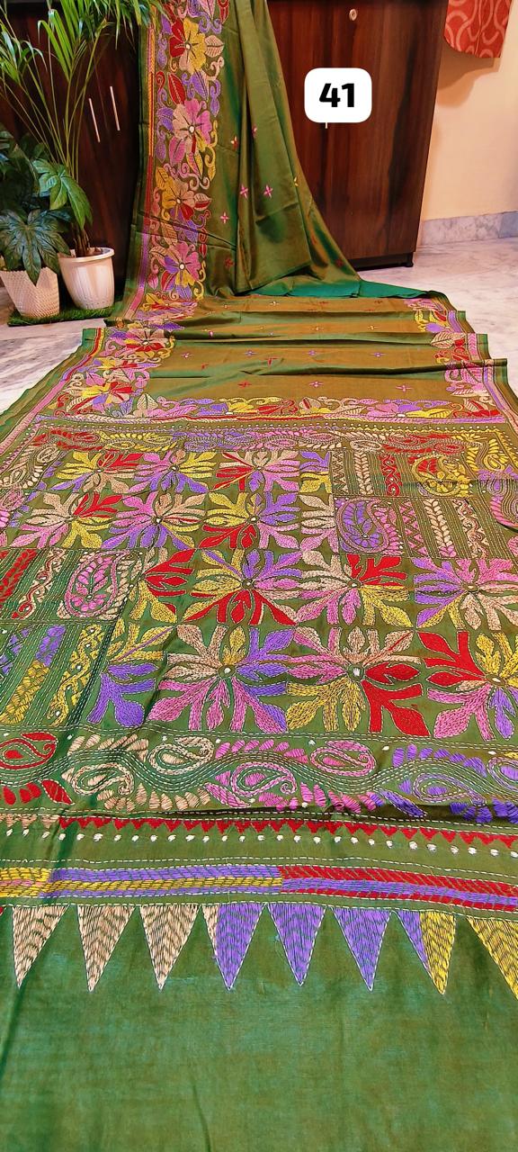 Hand Gujrati kantha on Pure Blended Bangalore silk