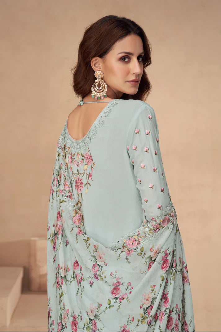 Sky Grey Embroidered Chinnon Palazzo Kameez