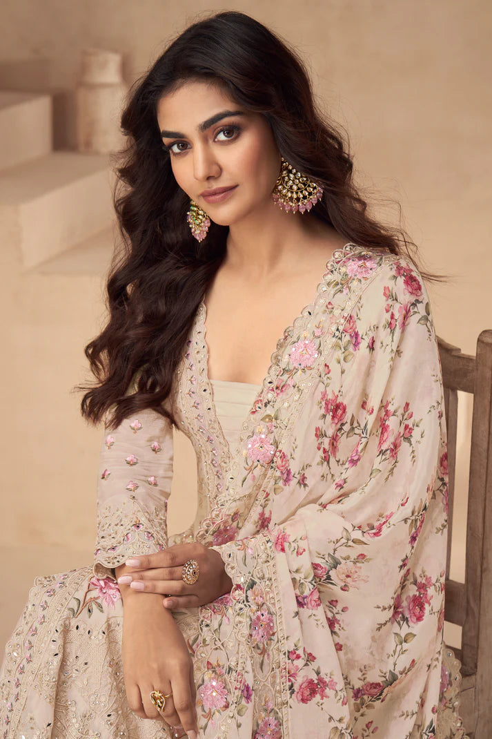 Pink and Magenta Embroidered Chinnon Palazzo Kameez