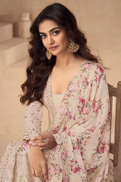 Pink and Magenta Embroidered Chinnon Palazzo Kameez