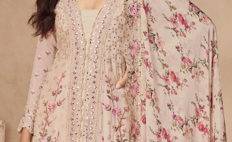 Pink and Magenta Embroidered Chinnon Palazzo Kameez