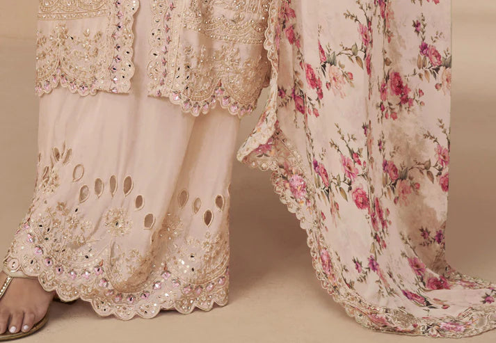 Pink and Magenta Embroidered Chinnon Palazzo Kameez
