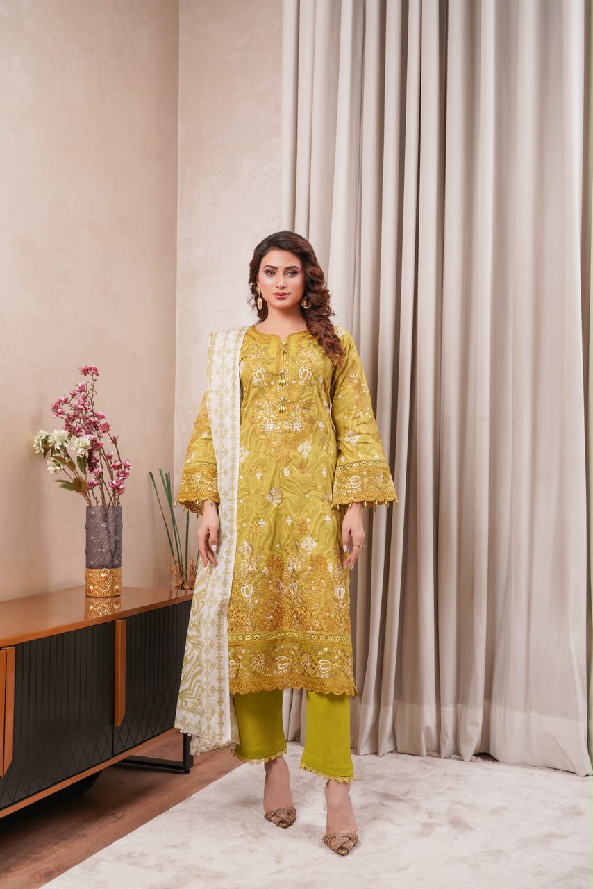Munira Designers linen 3-piece suit, mustard yellow with cream dupatta – front
