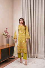 Munira Designers linen 3-piece suit, mustard yellow with cream dupatta – front