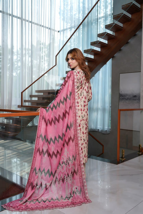 Munira Designers linen 3-piece suit, blush pink with pink printed dupatta – detail view