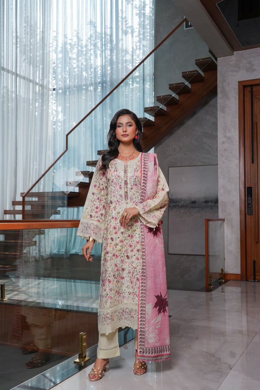 Munira Designers linen 3-piece suit, cream floral with pink dupatta – front