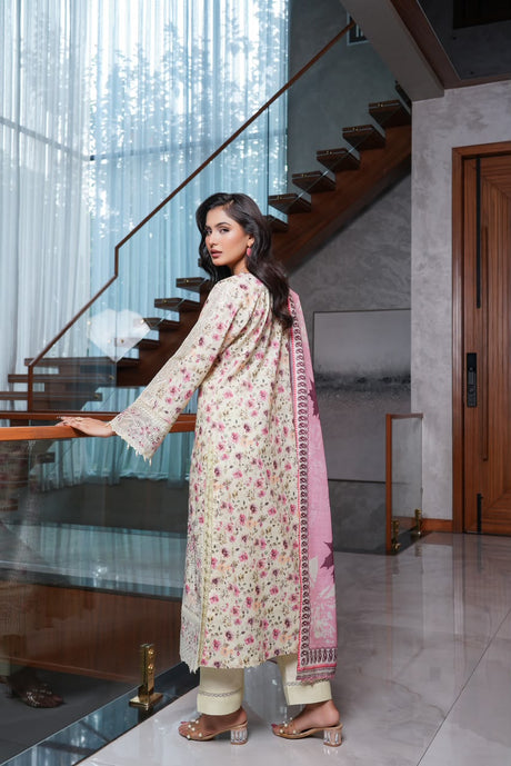 Munira Designers linen 3-piece suit, cream floral with pink dupatta – detail view
