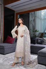 Munira Designers linen 3-piece suit, off-white with ivory dupatta – front