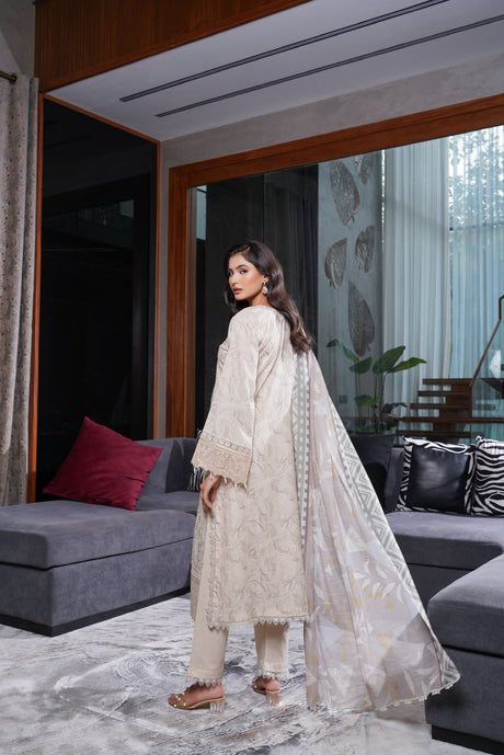 Munira Designers linen 3-piece suit, off-white with ivory dupatta – detail view