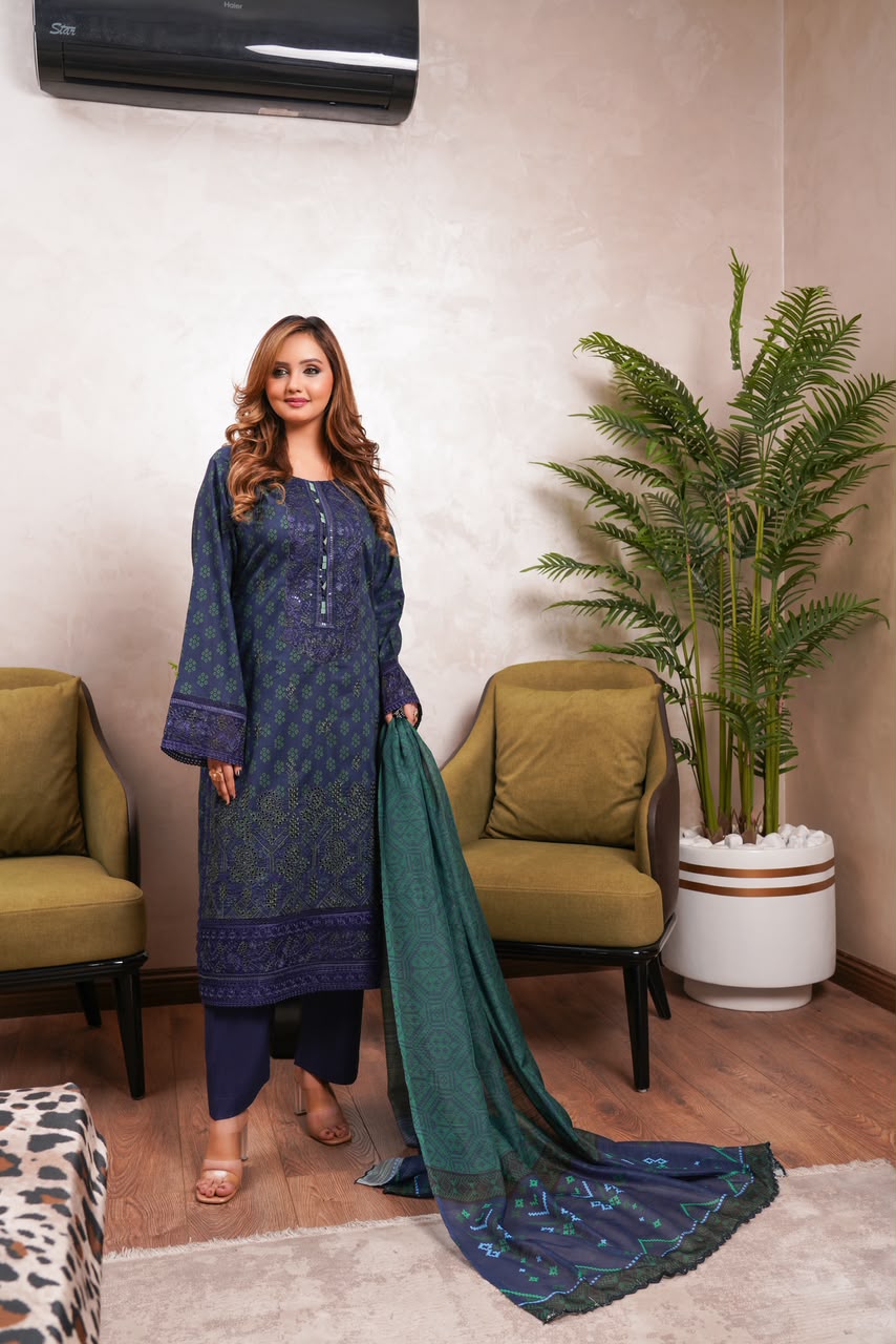 Munira Designers linen 3-piece suit, navy blue with teal dupatta – front