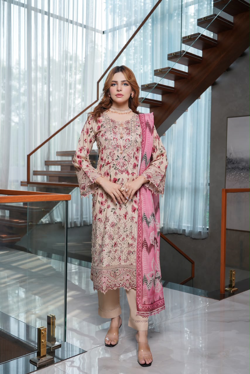 Munira Designers linen 3-piece suit, blush pink with pink printed dupatta – front