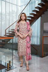 Munira Designers linen 3-piece suit, blush pink with pink printed dupatta – front