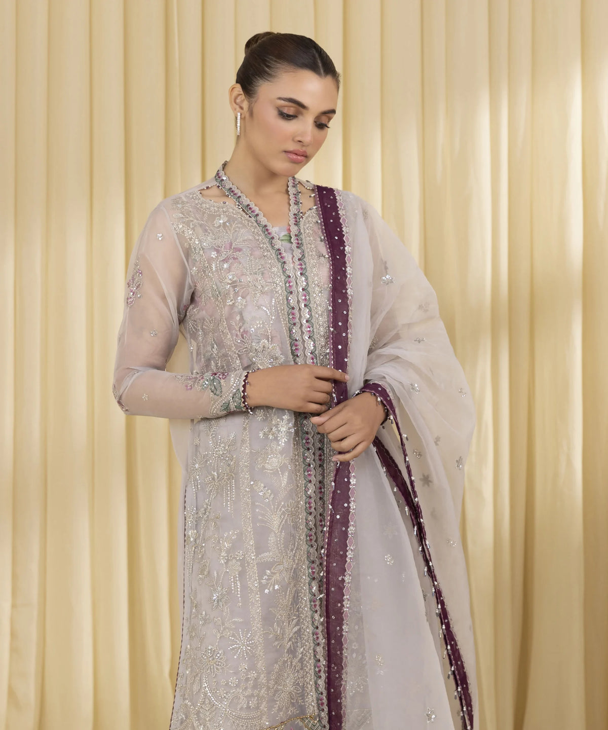 Sapphire Embroidered Organza Suit Grey - close up