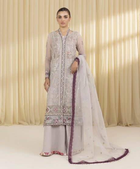 Sapphire Embroidered Organza Suit Grey - full front